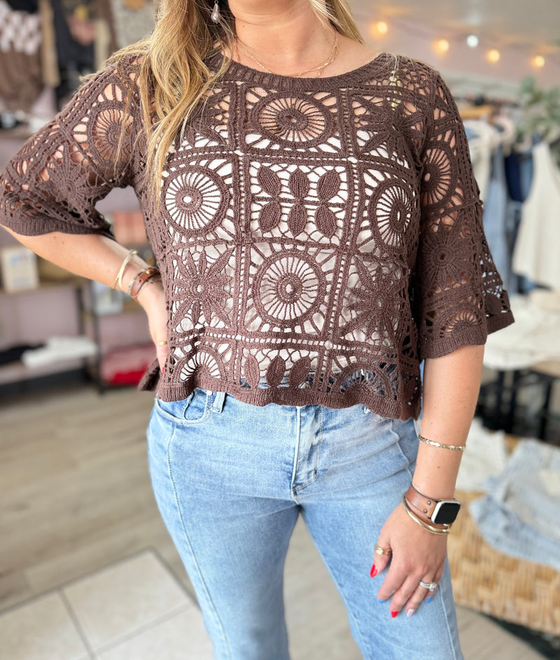 Bristol Crochet Boxy Knit Top: Chocolate Brown