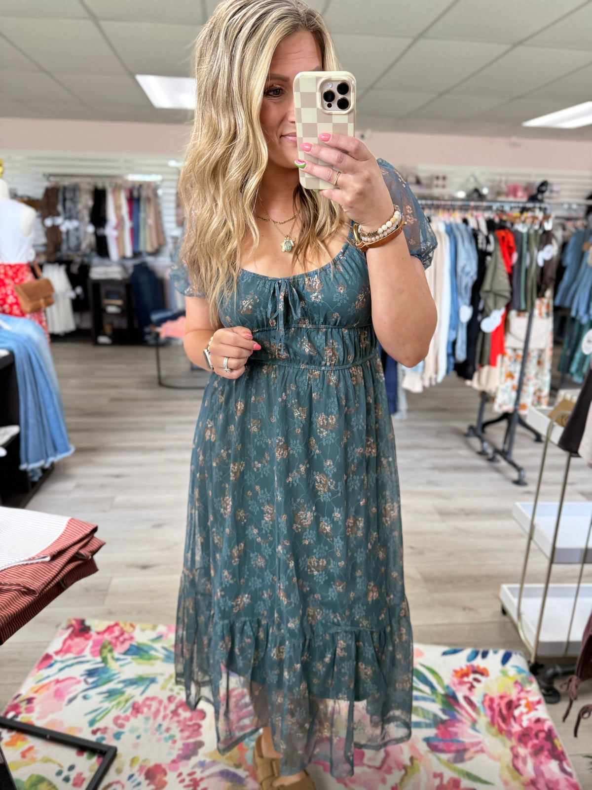 The Meadow Rose Sheer Puff Sleeve Midi Dress – Teal Floral