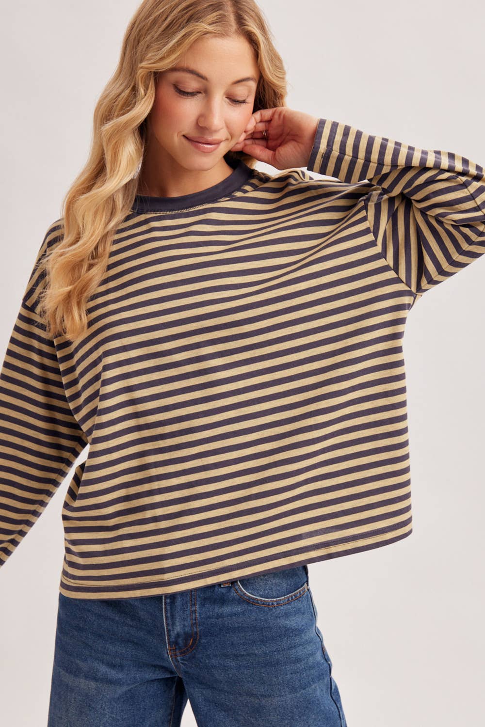 On Repeat Stripe Oversized Long Sleeve Top: Ash