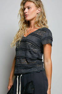 The Emery Lace V Neck Top:Navy  – Short Sleeve Raw Edge Lightweight Feminine Blouse