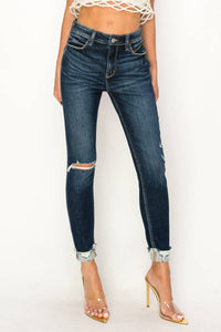 Leila Cuffed Hem High Rise Distressed Skinny Jeans: Dark