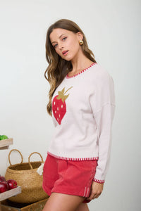 The Emmeline Strawberry Jacquard Sweater – Contrast Stitch Drop Shoulder Knit Pullover