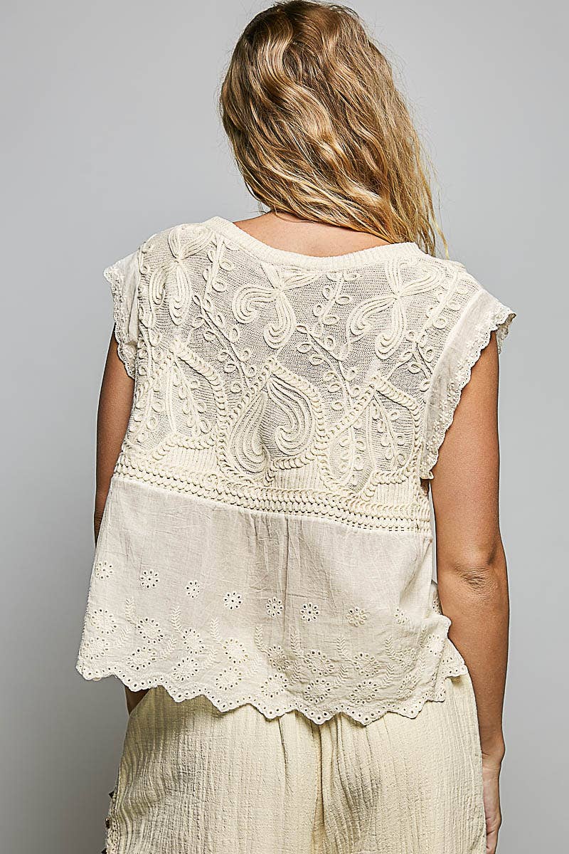 Willow Mae Boho Crochet Sleeveless Top with Embroidered Eyelet Hem: Natural