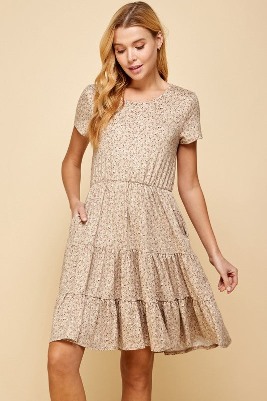 Tess Floral Tered Dress- Taupe