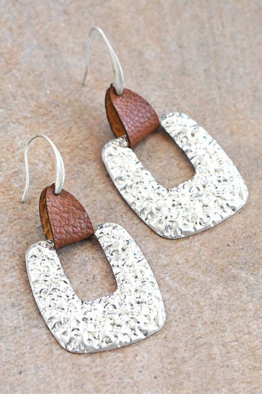 Hammered Metal Earrings with Leather Accent