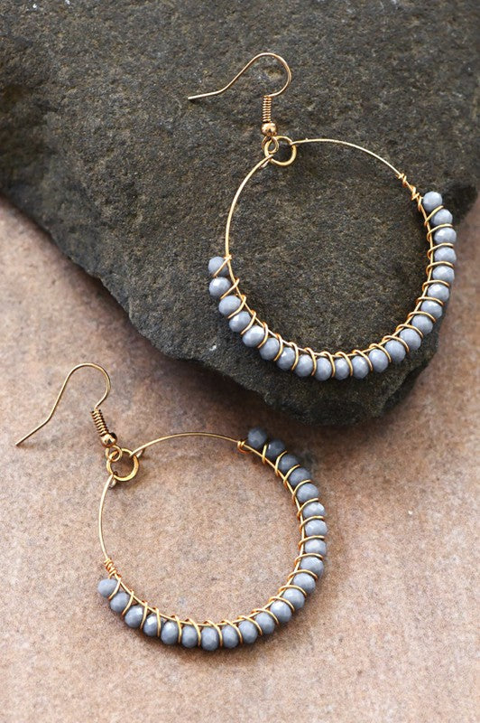 Boho Beaded Circle Drop Earrings: Grey