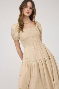 The Elsie Embroidered Smocked Midi Dress – Square Neck Puff Sleeve Cream Floral Dress