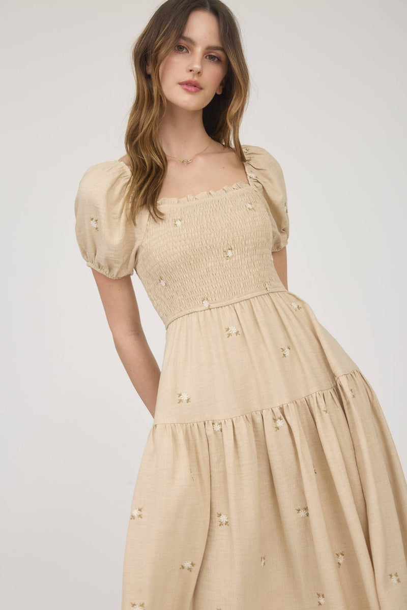 The Elsie Embroidered Smocked Midi Dress – Square Neck Puff Sleeve Cream Floral Dress