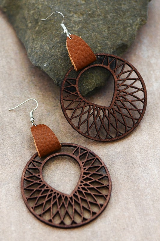 Memphis Laser Cut Wood Earring W/ Leather Accent