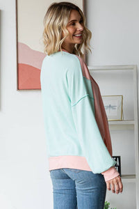 Amiee Sping Colorblock Pullover Crew Neck Long Sleeve Top: Mint