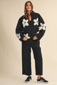 Floral Sherpa Zip Up Jacket: Black – Fully Lined Cozy Fleece with Pockets