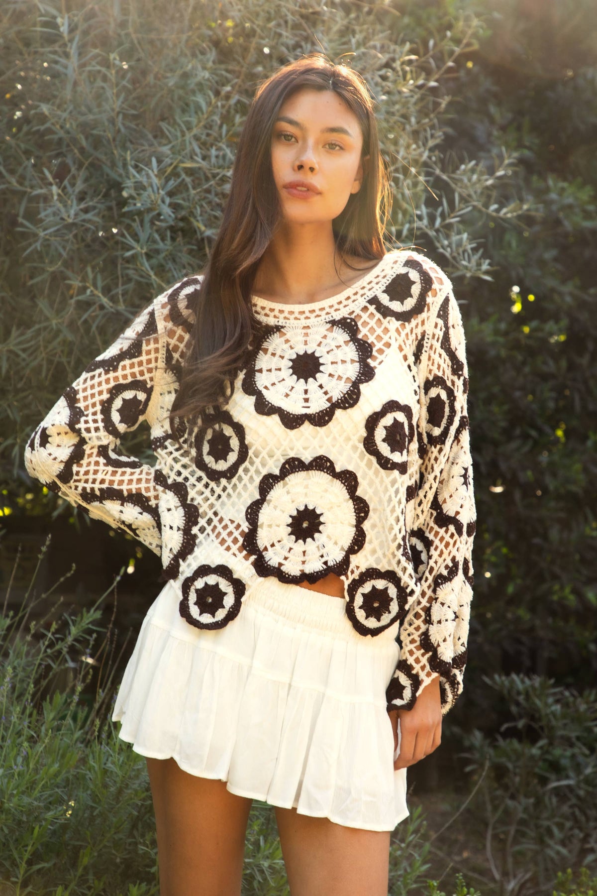 The Solandra Mandala Crochet Top: Cream/Brown