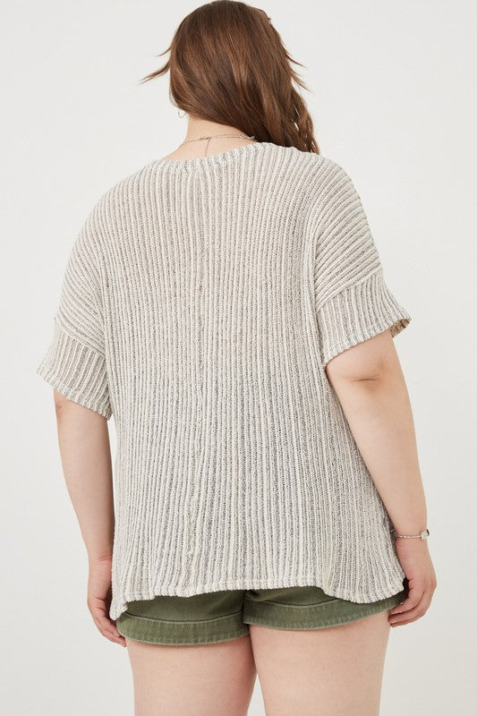 Sammi Plus Size Loose Knit Textured Pocket Detail Knit Top: Oatmeal