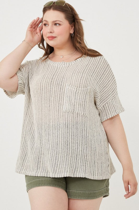 Sammi Plus Size Loose Knit Textured Pocket Detail Knit Top: Oatmeal