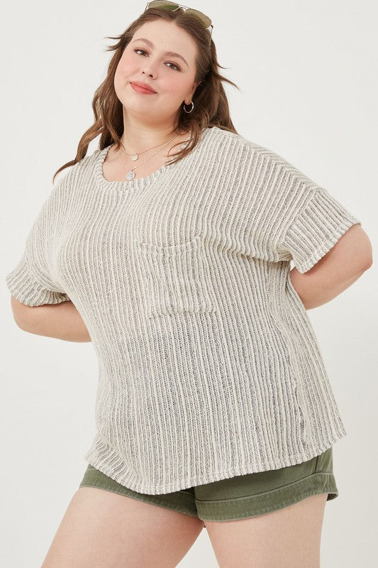 Sammi Plus Size Loose Knit Textured Pocket Detail Knit Top: Oatmeal