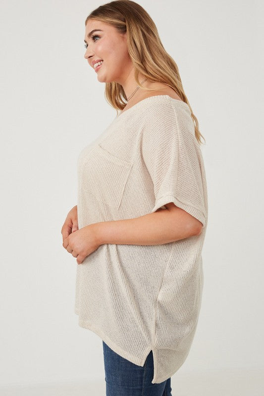 Everyday Essential Plus Size Plus Wide Neck Loose Knit Pocket Slouchy Top: Oatmeal