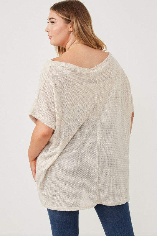 Everyday Essential Plus Size Plus Wide Neck Loose Knit Pocket Slouchy Top: Oatmeal