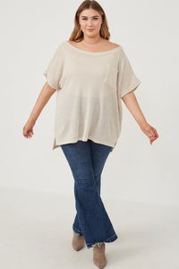 Everyday Essential Plus Size Plus Wide Neck Loose Knit Pocket Slouchy Top: Oatmeal