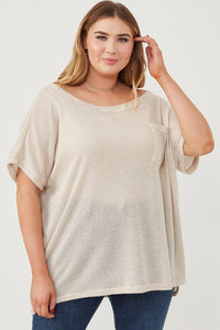 Everyday Essential Plus Size Plus Wide Neck Loose Knit Pocket Slouchy Top: Oatmeal