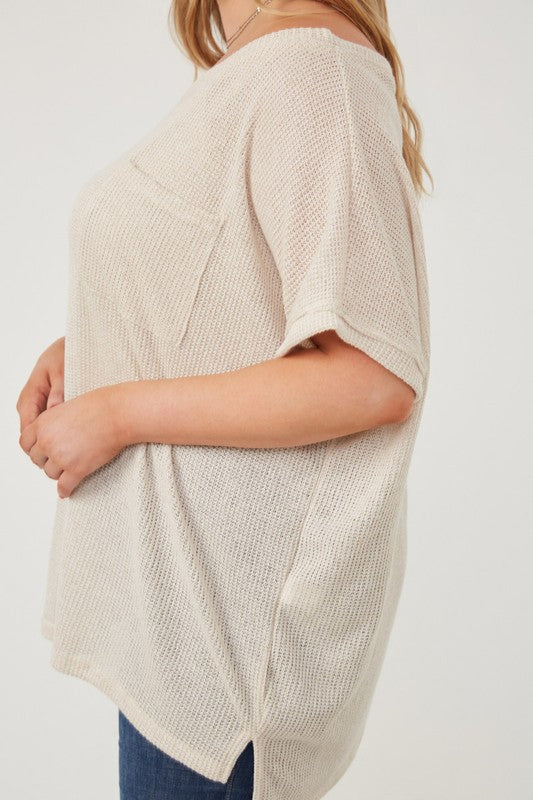 Everyday Essential Plus Size Plus Wide Neck Loose Knit Pocket Slouchy Top: Oatmeal