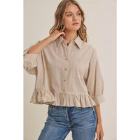 MORNING OAT MICRO CHECK RUFFLE HEM BUTTON-DOWN SHIRT: VANILLA / S