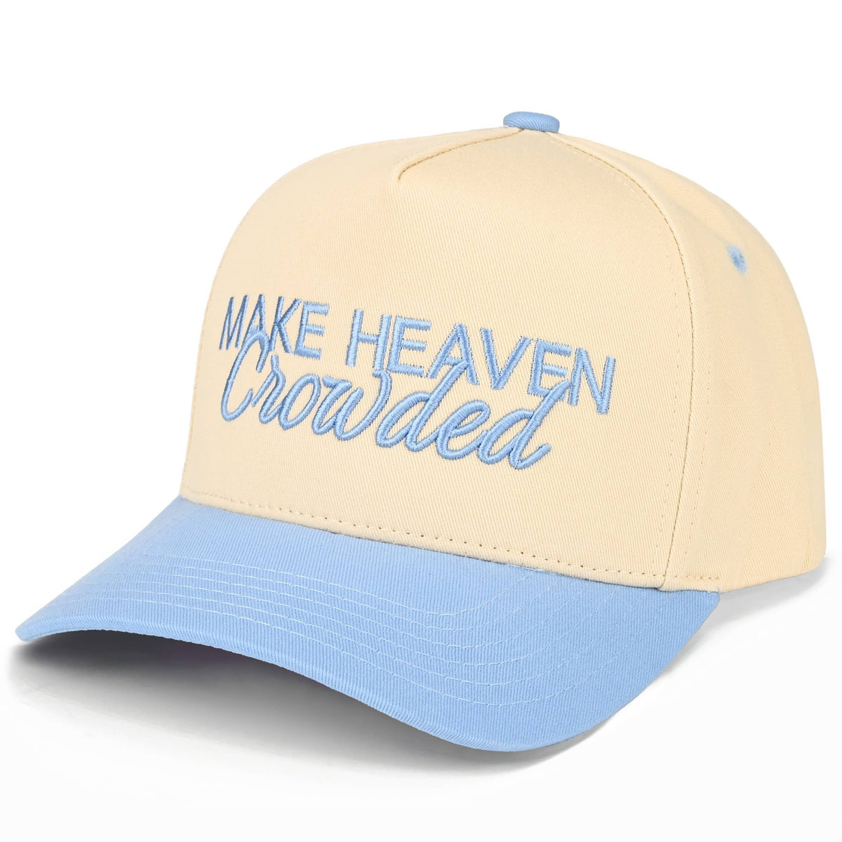 C.C MAKE HEAVEN CROWDED Letter Embroidered Trucker Hat: Sky Blue