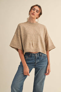 The Winterlyn Marled Mock Neck Sweater: Mocha Mousse – Semi-Cropped Short Sleeve Knit