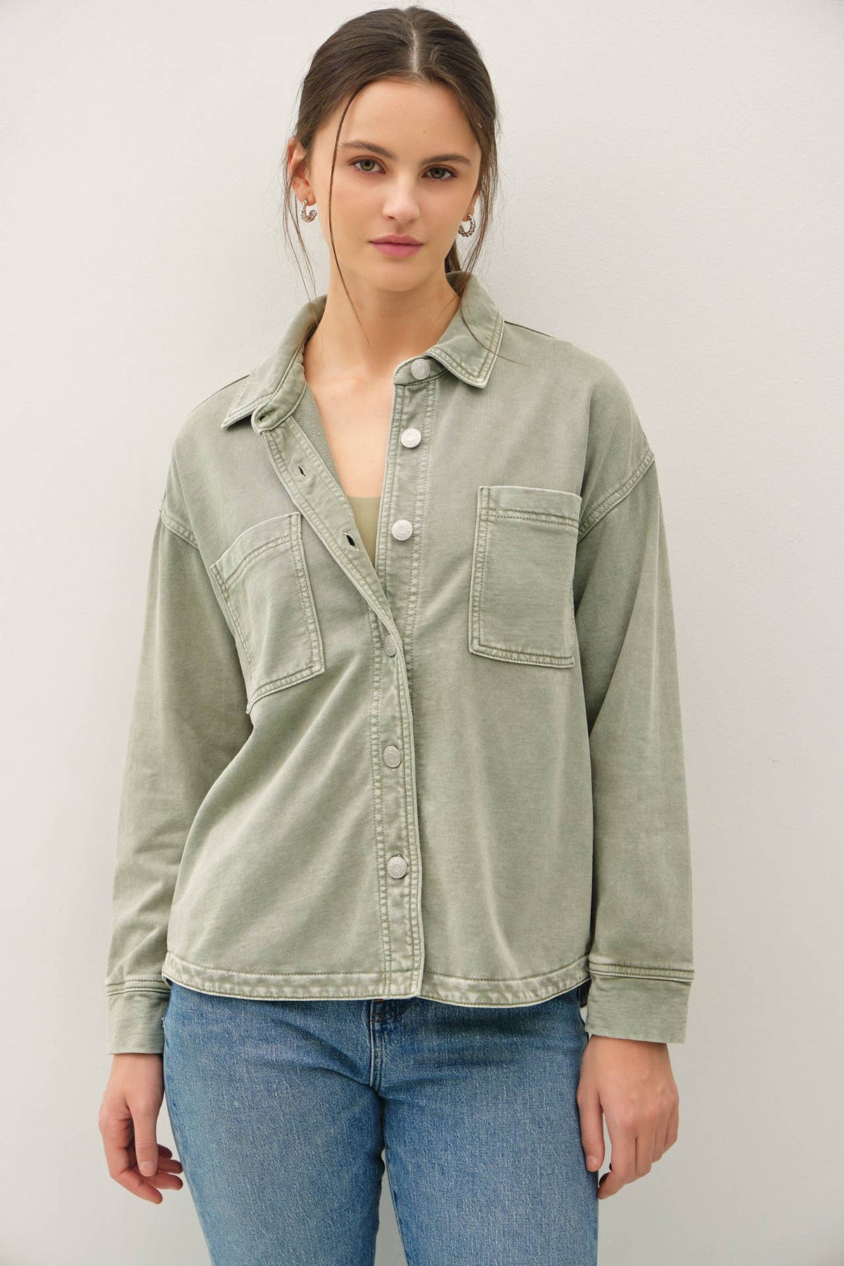 The Mercer Cropped Denim Shacket – Garment Dyed Stretch Shirt Jacket for Women