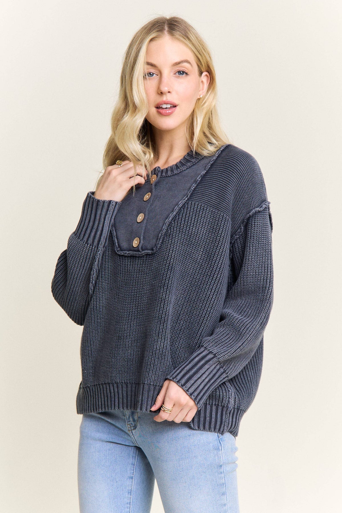 Worth a Look Cotton Henley Sweater: Navy