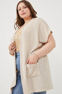 Hailey Plus Size Short Sleeve Pocketed Pointelle Knit Open Cardigan: Oatmeal