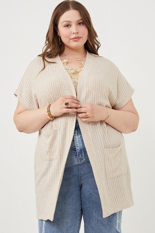 Hailey Plus Size Short Sleeve Pocketed Pointelle Knit Open Cardigan: Oatmeal