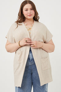 Hailey Plus Size Short Sleeve Pocketed Pointelle Knit Open Cardigan: Oatmeal