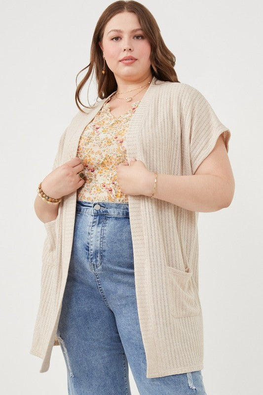 Hailey Plus Size Short Sleeve Pocketed Pointelle Knit Open Cardigan: Oatmeal