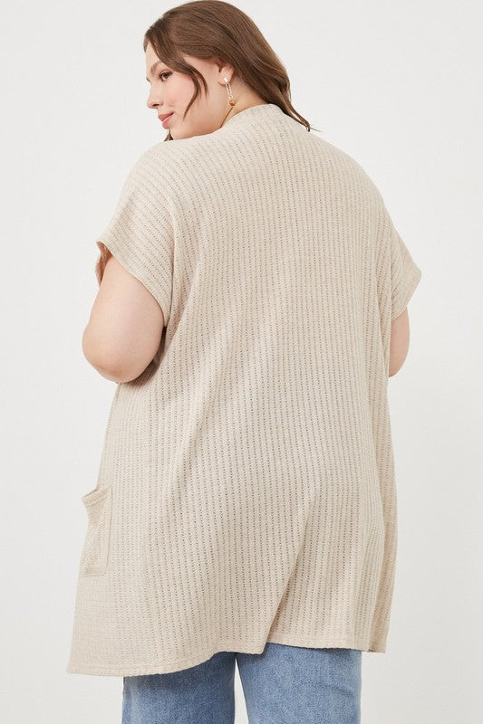 Hailey Plus Size Short Sleeve Pocketed Pointelle Knit Open Cardigan: Oatmeal