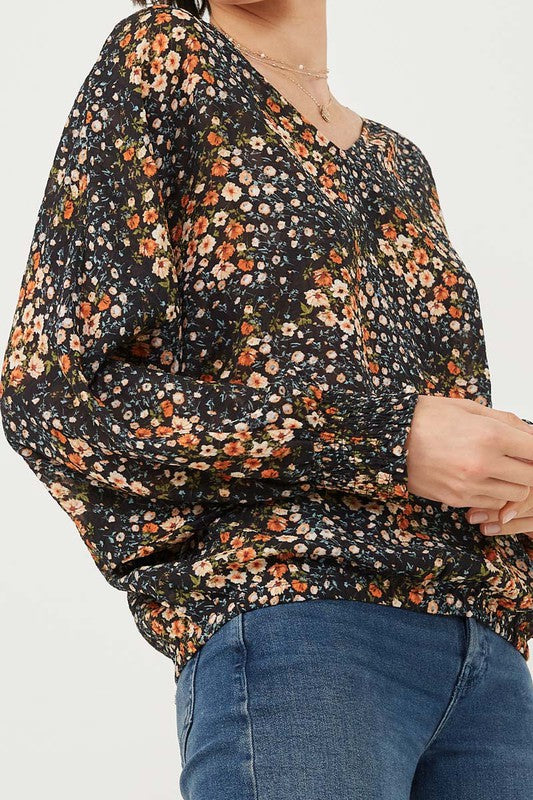 Susanna Womens V Neck Smocked Cuff Floral Dolman Top: Black