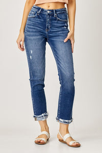 Risen High Rise Cuffed Straight Jeans: Dark Wash