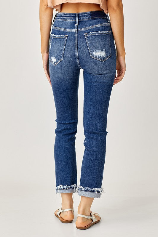 Risen High Rise Cuffed Straight Jeans: Dark Wash