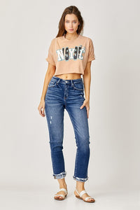 Risen High Rise Cuffed Straight Jeans: Dark Wash