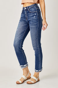 Risen High Rise Cuffed Straight Jeans: Dark Wash