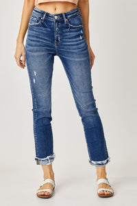 Risen High Rise Cuffed Straight Jeans: Dark Wash