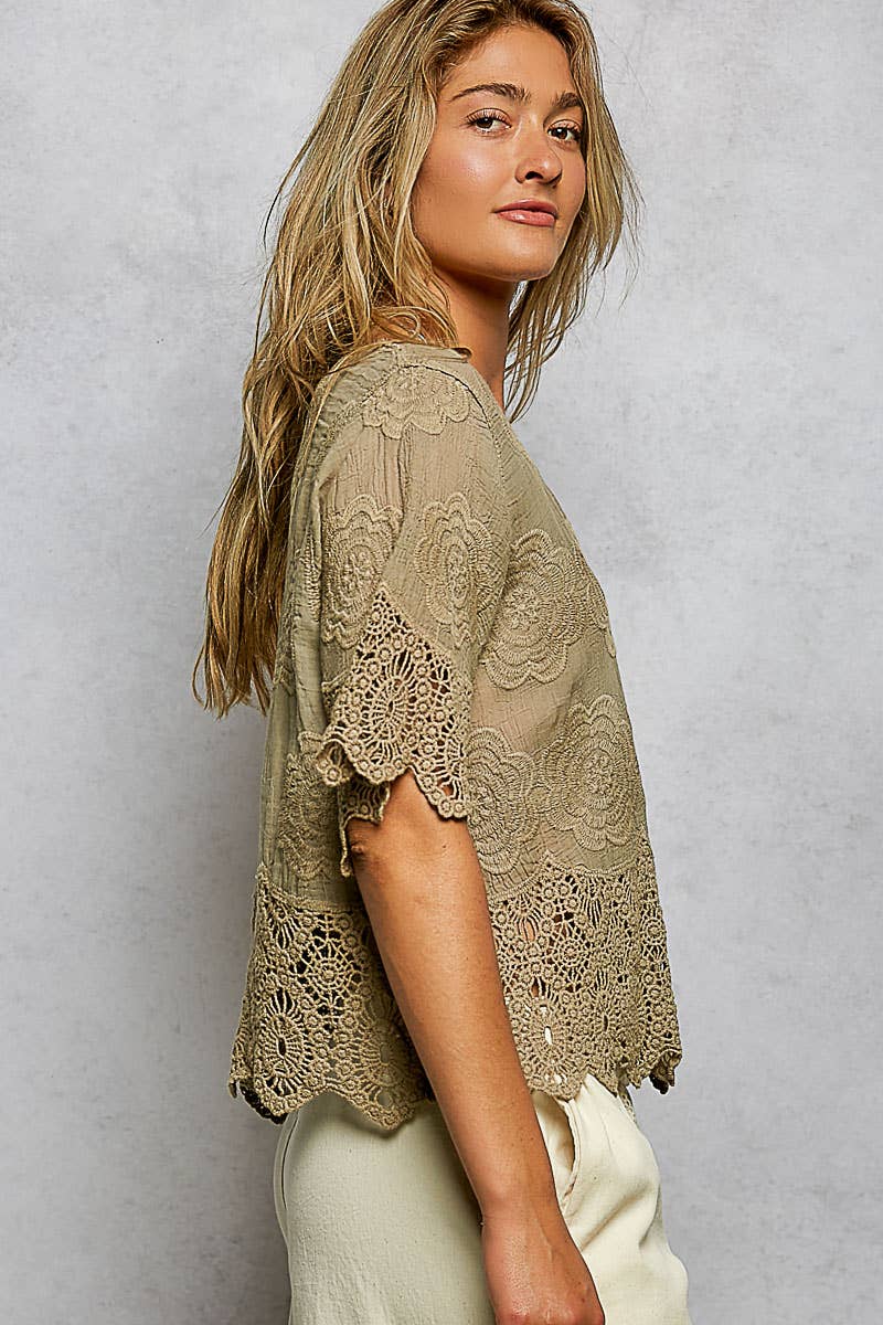 Crochet Trim Neckline Short Sleeve Jacket Top: TAUPE / Os