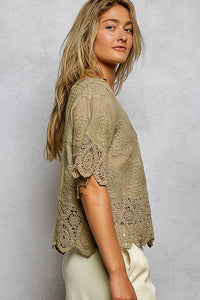 Crochet Trim Neckline Short Sleeve Jacket Top: TAUPE / Os
