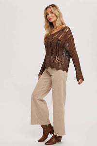 The Elowen Scalloped Hem Open Knit Pullover – Chocolate Brown Long Sleeve Sweater Top
