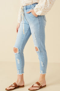 Everyday Casual Pull On Distressed Denim Joggers: Light Wash