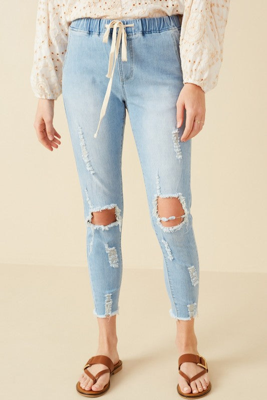 Everyday Casual Pull On Distressed Denim Joggers: Light Wash