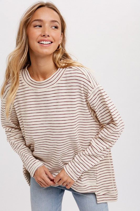 Jaxe Crewneck Slouchy Stripe Top: Oatmeal