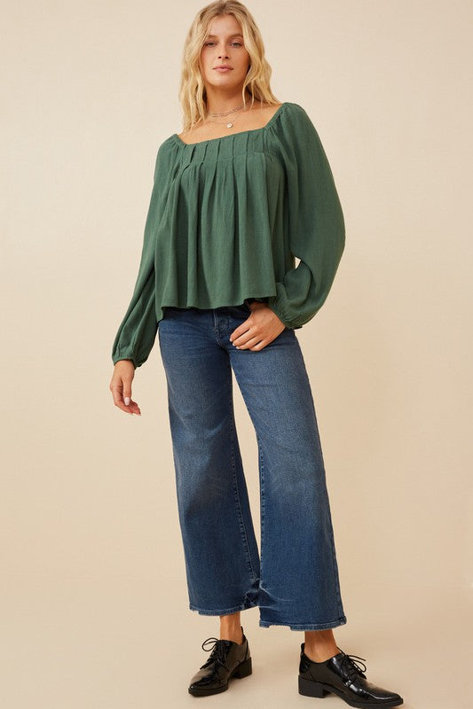 Jenna Womens Square Neck Box Pleat Detail Top: Forrest