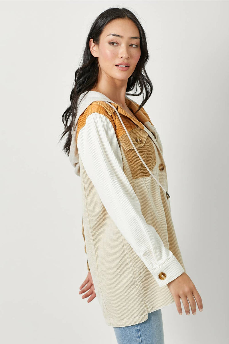 Sadie Color Block Corduroy Hoodie Shacket – Washed Button Down Hi-Low Hem