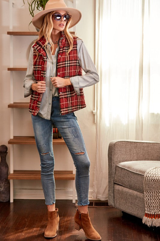 Delaney Plaid Vest- Red