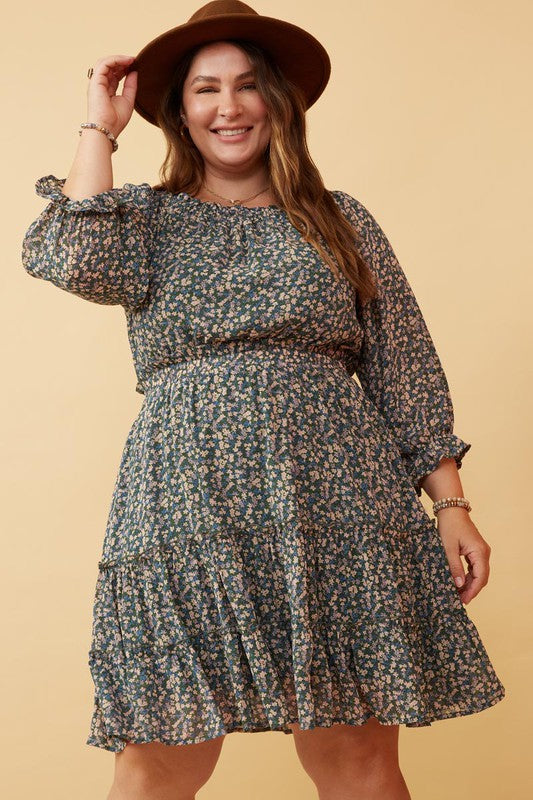 Tabby Plus Ditsy Floral Long Sleeve Off Shoulder Dress: Forest Green